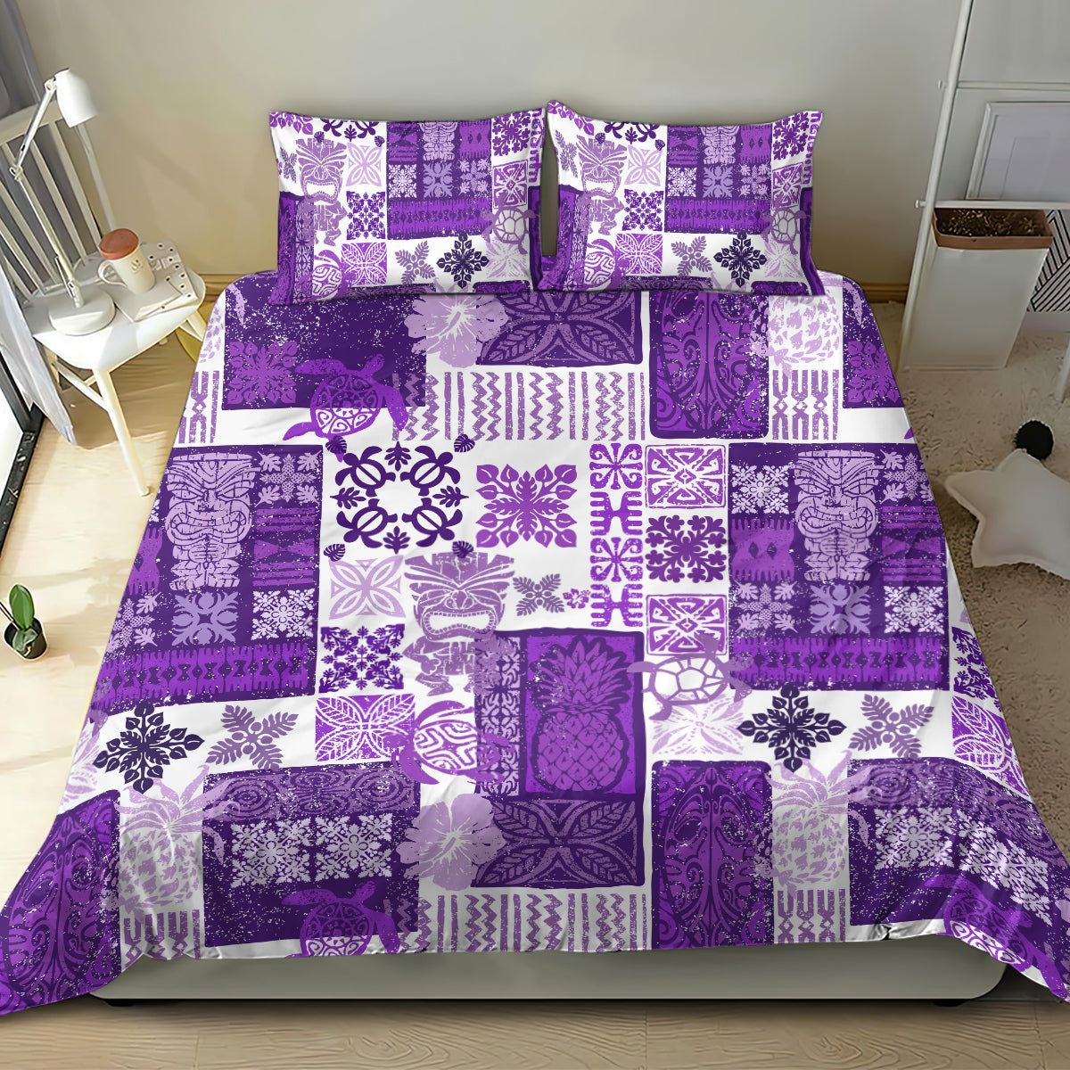 Purple patchwork quilt bedding set with white patterned blocks and two matching pillowcases