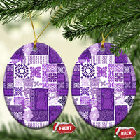 Purple quilt-pattern oval ceramic ornaments with gold loops, showing FRONT and BACK labels