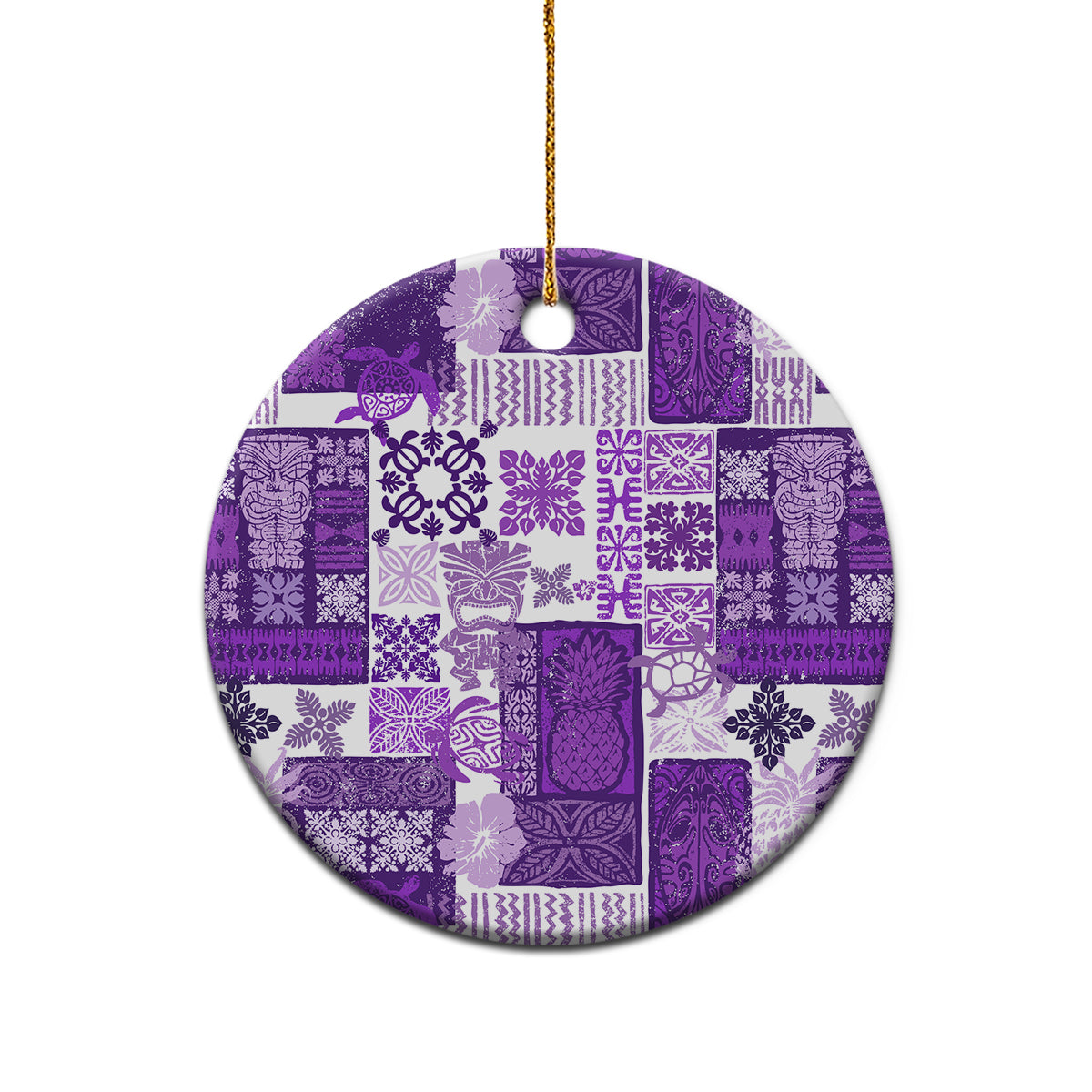 Purple quilt-pattern round ceramic ornament with gold loop for hanging