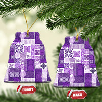 Purple quilt-pattern bell-flake ceramic ornaments with gold loops, showing FRONT and BACK