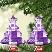 Purple quilt-pattern Christmas tree ceramic ornaments with gold loops, FRONT and BACK labels