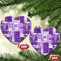 Purple quilt-pattern heart ceramic ornaments with gold loops, FRONT and BACK labels