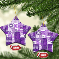 Purple quilt-pattern star ceramic ornaments with gold loops, showing FRONT and BACK tags