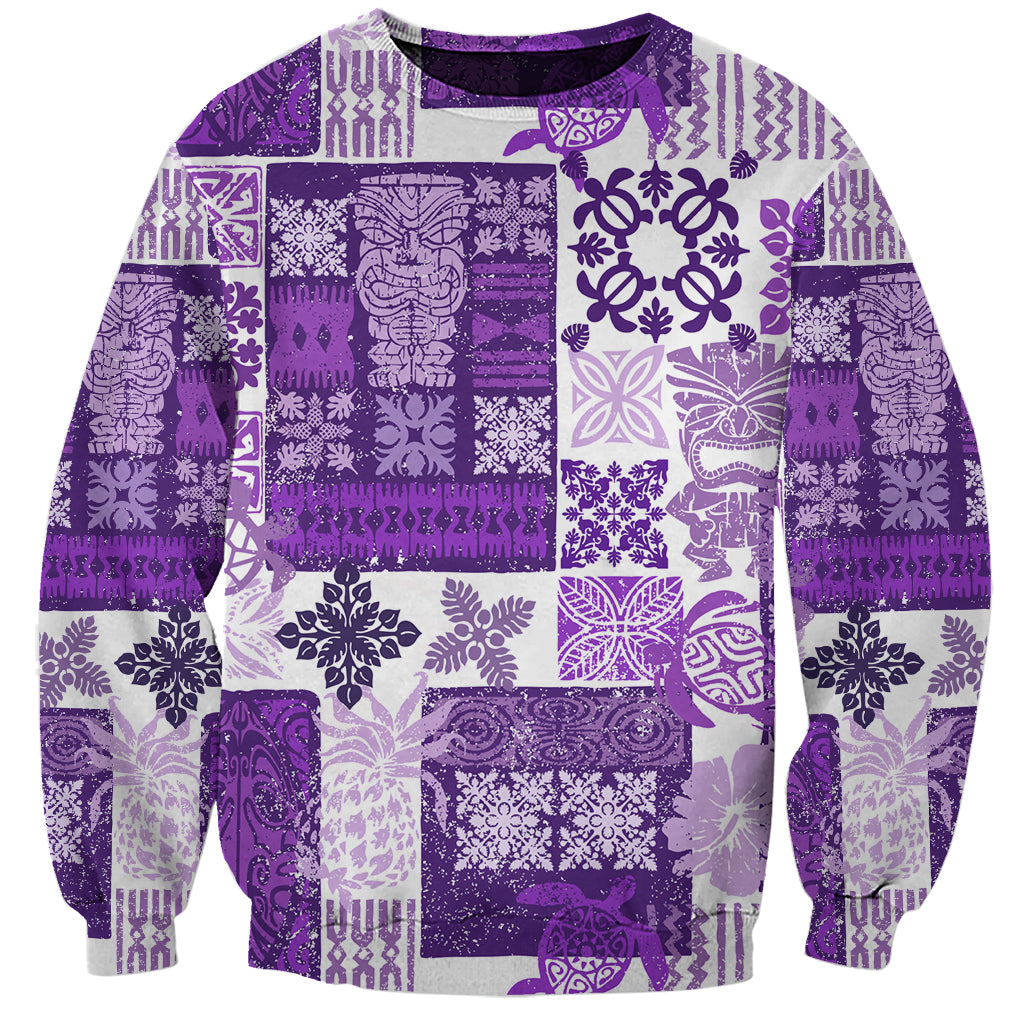 Unisex purple patchwork sweatshirt with tiki and floral prints, crew neck