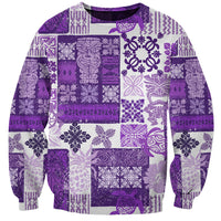 Unisex purple patchwork sweatshirt with tiki and floral prints, crew neck