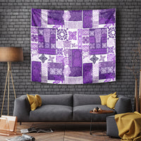Purple patchwork Hawaiian quilt tapestry with tiki and floral motifs