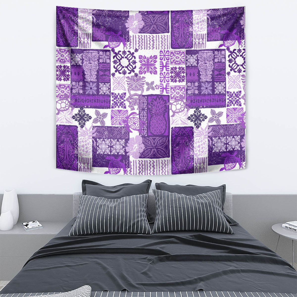 Purple tiki Hawaiian quilt tapestry with layered patchwork and floral designs