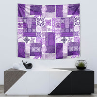 Purple Hawaiian quilt tapestry with tiki and island-style pattern blocks