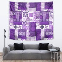 Purple Hawaiian quilt tapestry featuring tiki and ornate patchwork squares