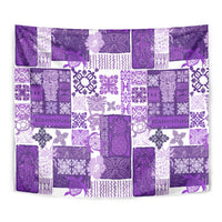 Purple patchwork Hawaiian quilt tapestry with tiki motifs and floral patterns