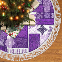 Purple tiki quilt tree skirt with white fringe trim and round center opening