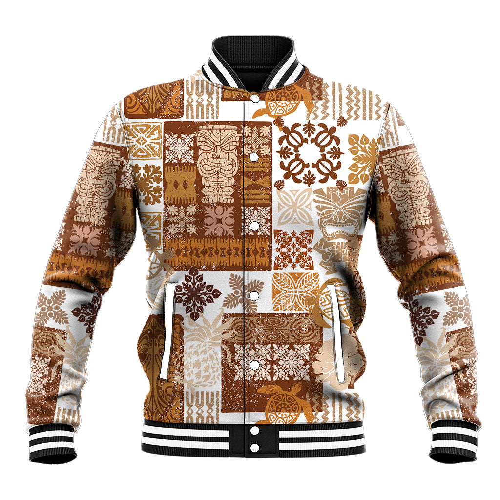 Quilt baseball jacket with brown-and-tan patchwork, button front, ribbed black/white trim.