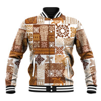 Quilt baseball jacket with brown-and-tan patchwork, button front, ribbed black/white trim.