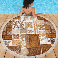 Round tiki patchwork beach blanket in brown and white with white fringed border