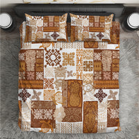 Brown and tan tiki patchwork quilt bedding set with matching pillowcases