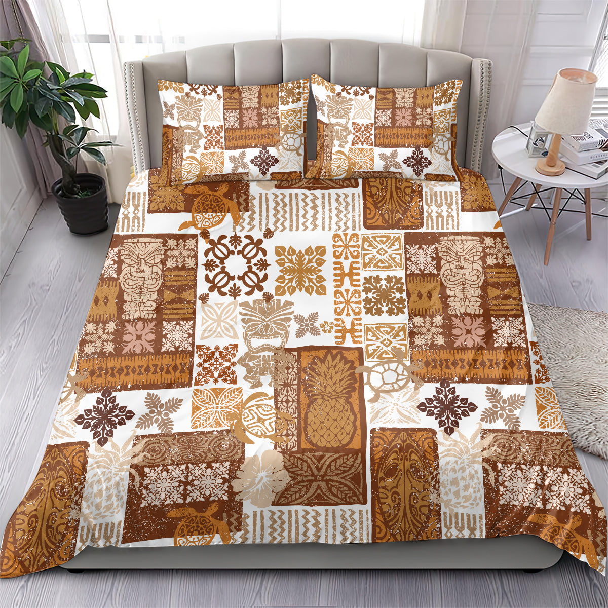 Tiki patchwork quilt bedding set in brown and tan with two matching pillows