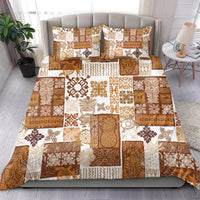 Tiki patchwork quilt bedding set in brown and tan with two matching pillows