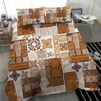 Brown tiki patchwork quilt bedding set with two pillowcases, full bed view