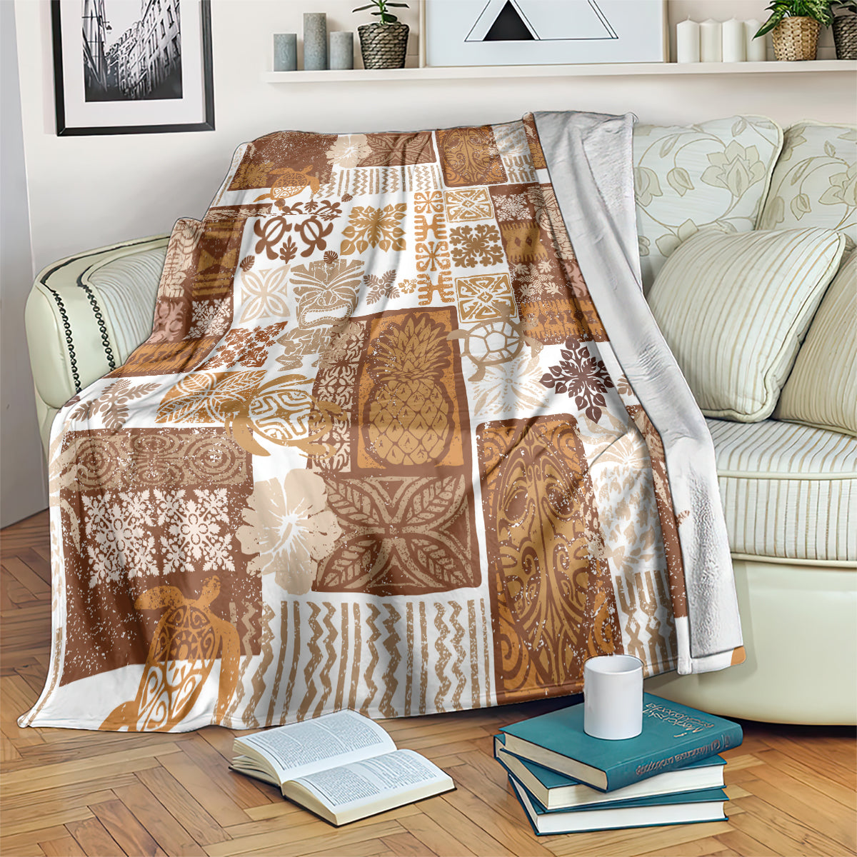 Brown patchwork throw quilt blanket with tropical floral and tiki-inspired block designs
