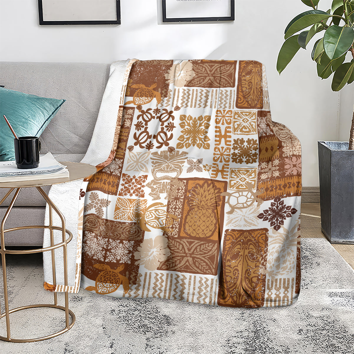 Brown quilt blanket with cream accents, tropical tiki and geometric patchwork pattern