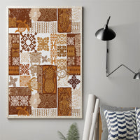 Framed brown quilt patchwork canvas wall art with tiki tropical pattern