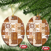 Brown quilt-style ceramic oval ornament set with gold hanging strings