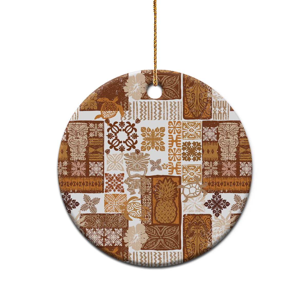 Brown quilt-style ceramic circle ornament front view with gold hanging string