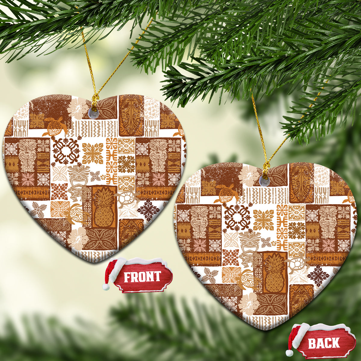 Brown quilt-style ceramic heart ornament with gold hanging string