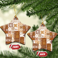 Brown quilt-style ceramic star ornament with gold hanging string
