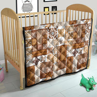 Brown and white patchwork quilt with square tiki and floral motifs