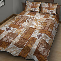 Brown patchwork quilt bed set with two pillowcases, geometric and floral tiki print
