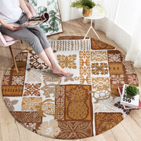 Brown round rug with tiki patchwork pattern and white accents