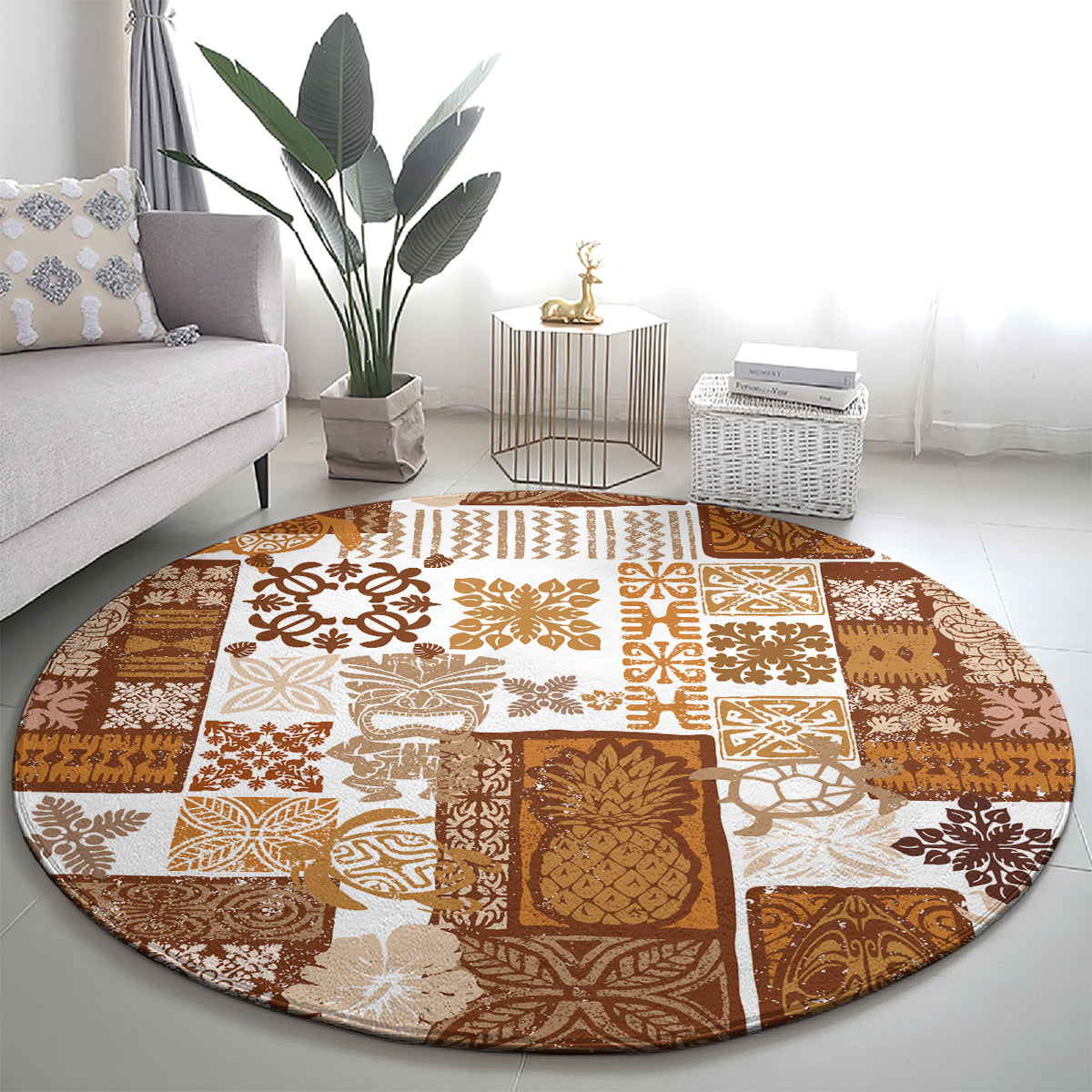 Brown round rug with tropical tiki quilt pattern and large centered panel