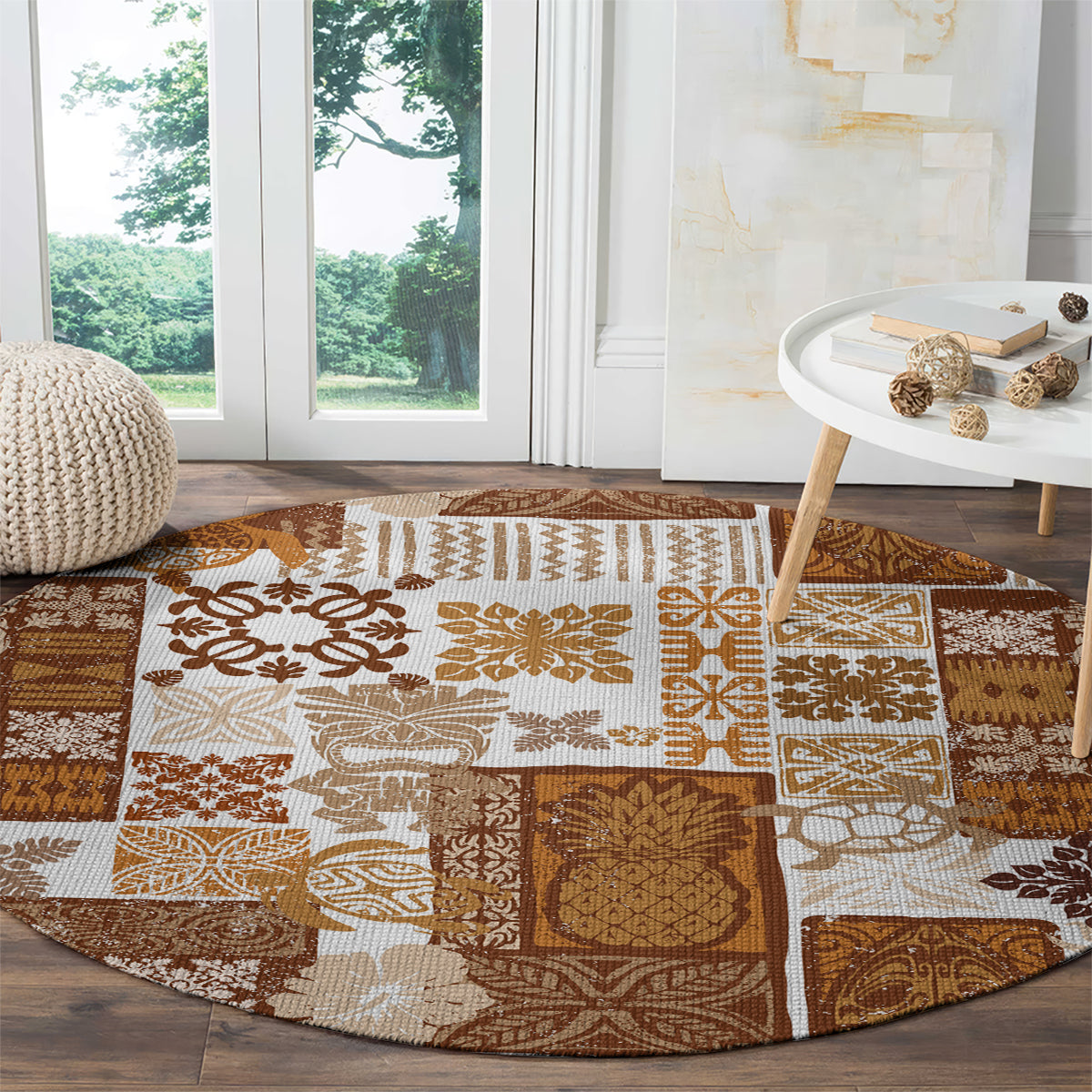 Brown round rug with tiki patchwork blocks and geometric floral motifs