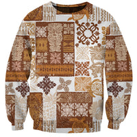 Unisex brown and cream sweatshirt with tiki patchwork quilt graphic front