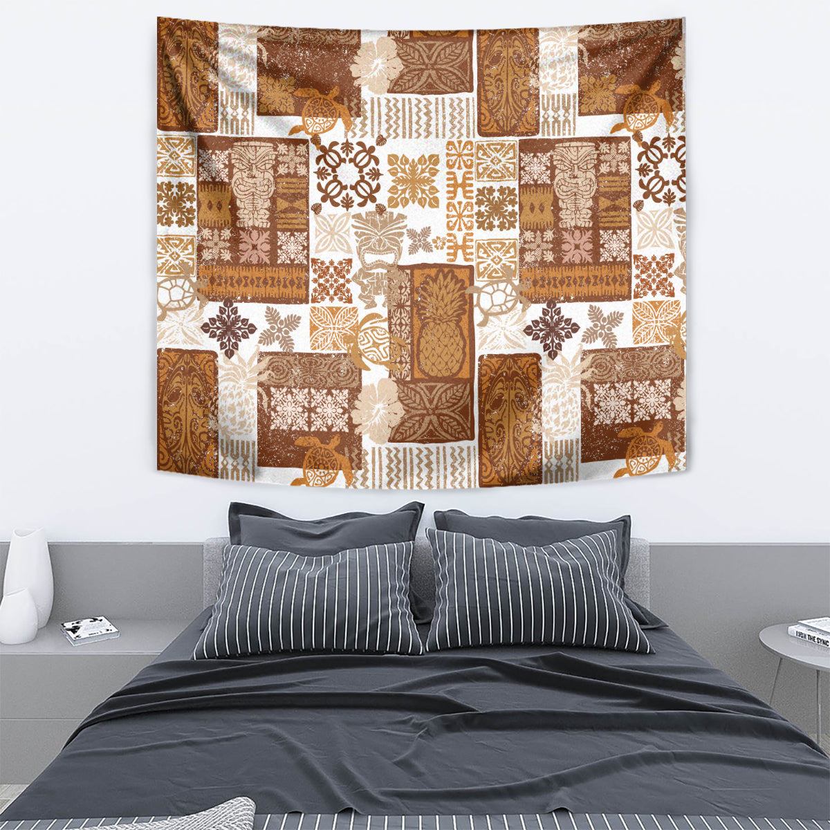 Brown tropical patchwork quilt tapestry with tiki, floral, and geometric motifs; wall hanging