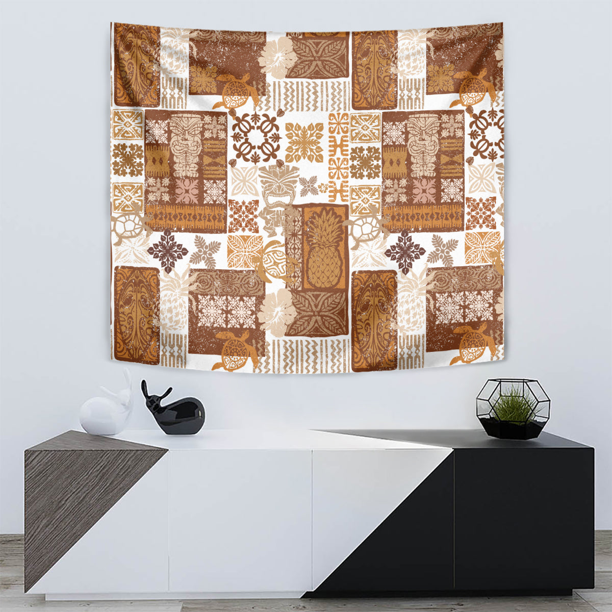 Brown tropical patchwork quilt tapestry featuring tiki masks, flowers, and stripes; wall hanging