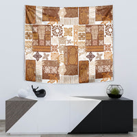 Brown tropical patchwork quilt tapestry featuring tiki masks, flowers, and stripes; wall hanging