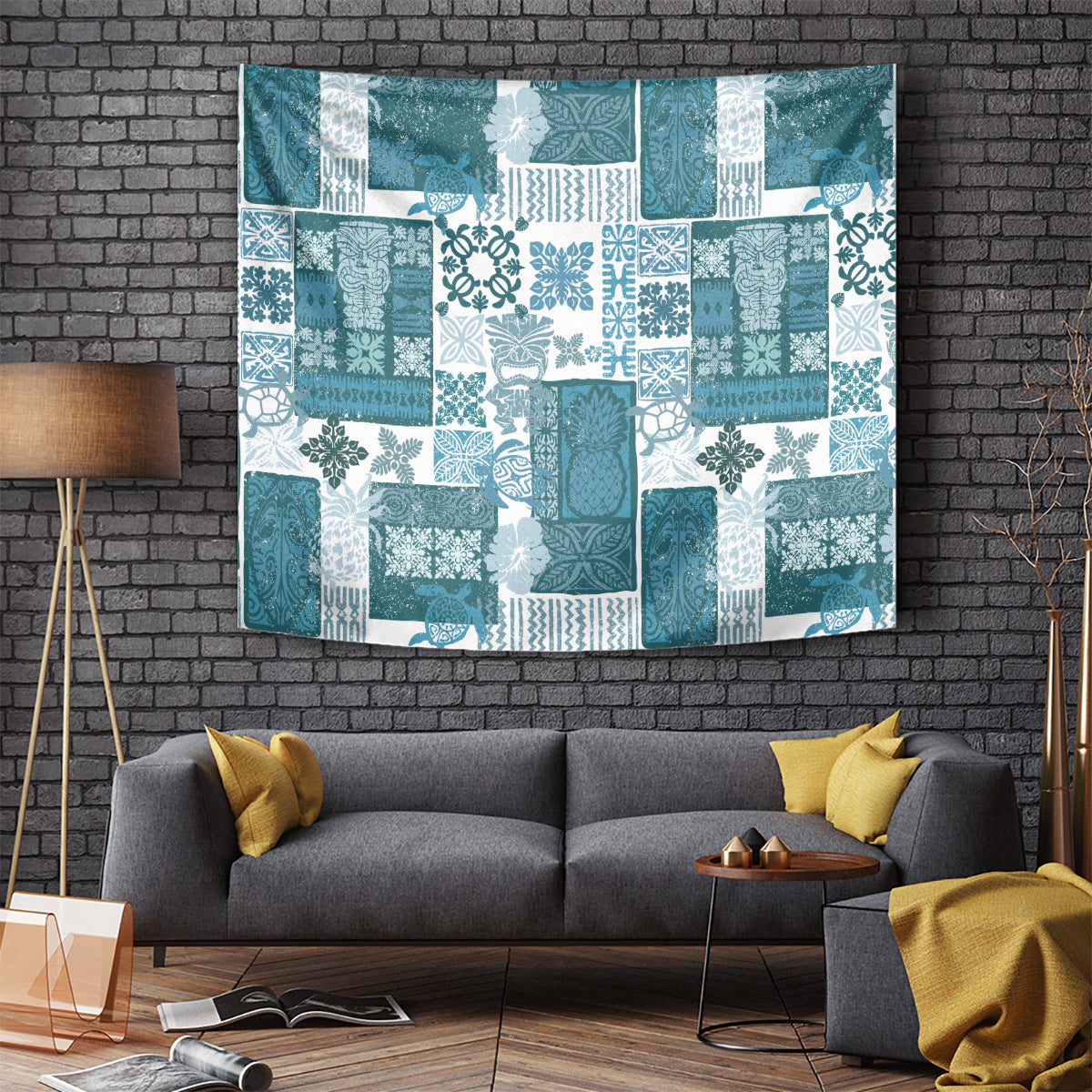 Tropical tiki quilt tapestry in dark cyan and white patchwork pattern