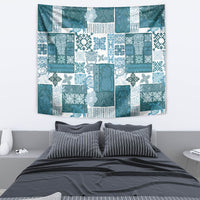 Tropical tiki quilt tapestry in dark cyan and white patchwork, wall-hung