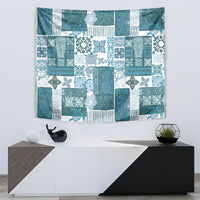 Rectangular tropical tiki quilt tapestry with dark cyan and white patchwork pattern