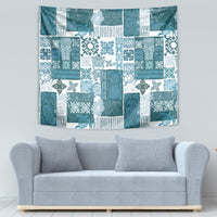 Dark cyan and white tropical tiki quilt tapestry with patchwork blocks