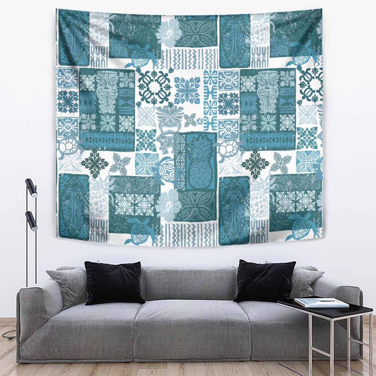 Tropical tiki quilt tapestry in dark cyan and white patchwork rectangle