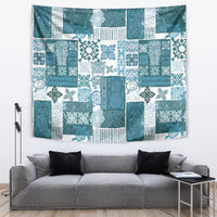 Tropical tiki quilt tapestry in dark cyan and white patchwork rectangle
