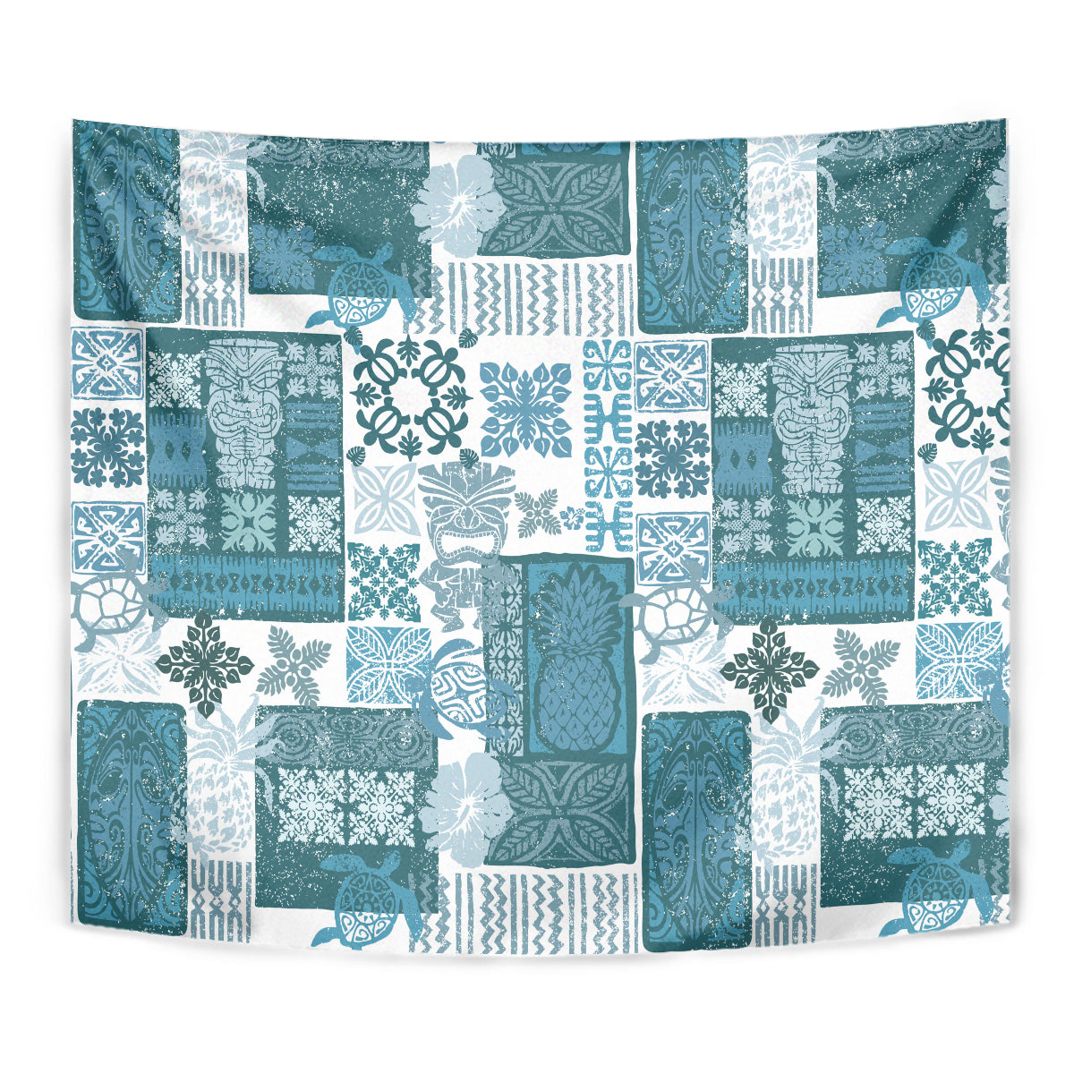 Tropical tiki quilt tapestry close-up view, dark cyan and white patchwork