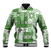 Green patchwork baseball jacket with button front, striped collar and cuffs.
