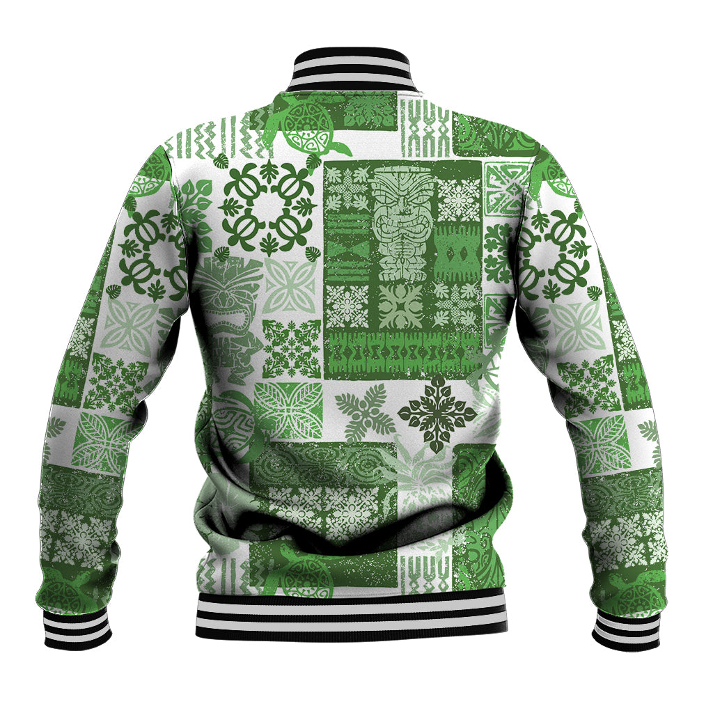 Green patchwork baseball jacket back view with striped ribbed collar and hem.