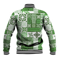 Green patchwork baseball jacket back view with striped ribbed collar and hem.
