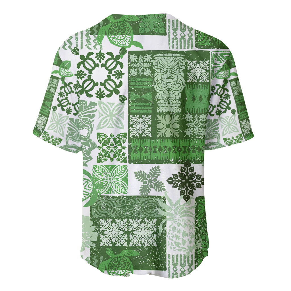 Green patchwork baseball jersey with tiki and floral patterns on the back, short sleeves
