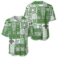 Green patchwork baseball jersey with tiki and floral patterns, front and back shown